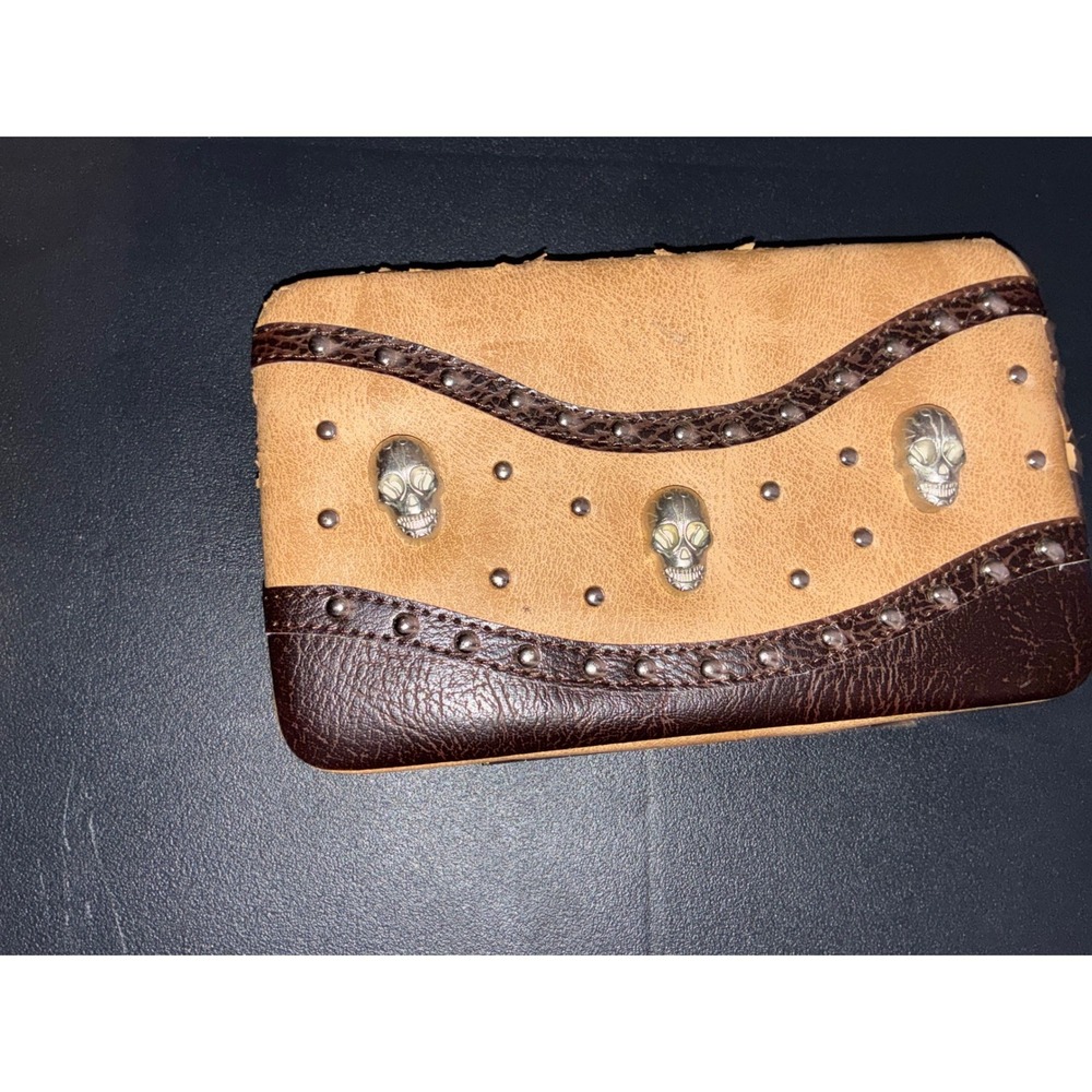 Western Skull Studded Hard Shell Wallet Brown Faux Leather Biker Gothic Clutch